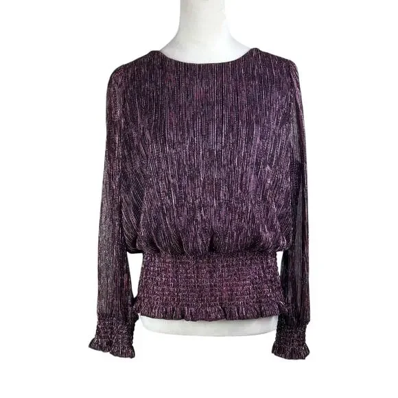 Joie Black & Pink Metallic Textured Ribbed Smocked Waist Long Sleeve Blouse - Picture 1 of 11